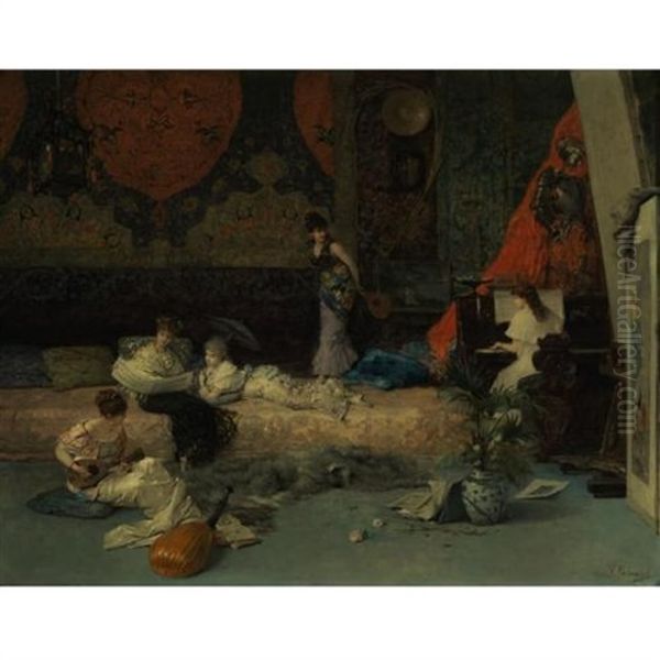 In The Studio Oil Painting by Vicente Palmaroli Y Gonzalez