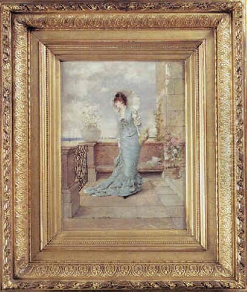 Eine Junge Frau Mit Sonnenschirm Steht Anmutig Auf Einer Balkonbrustung Oil Painting by Vicente Palmaroli Y Gonzalez