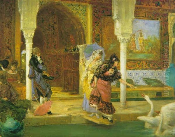 Jugando Con Los Cisnes Oil Painting by Vicente Palmaroli Y Gonzalez