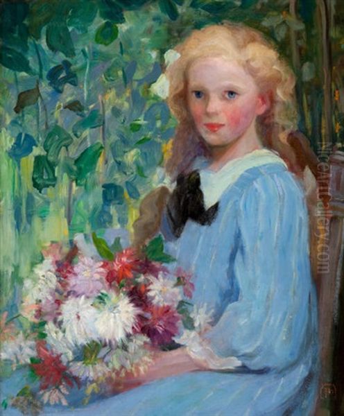 Girl With Flowers Oil Painting by Pauline Lennards Palmer