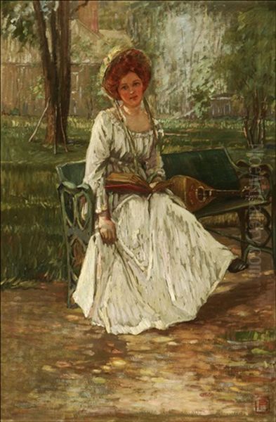 Young Woman Seated With Book And Mandolin Oil Painting by Pauline Lennards Palmer