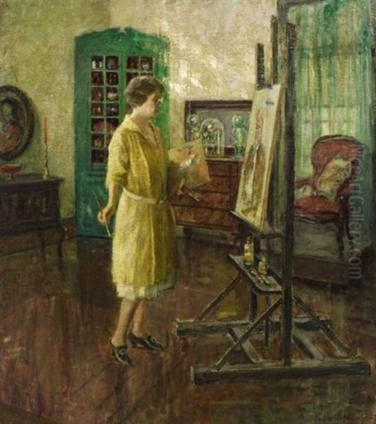 At The Easel Oil Painting by Pauline Lennards Palmer