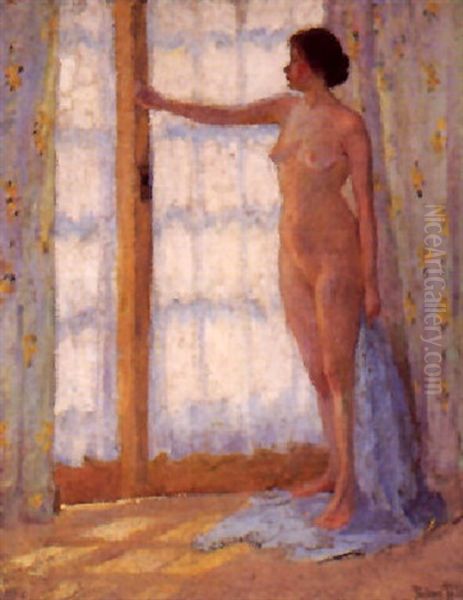 Full Length Nude In A French Window In Blue Watercolor Silk Robe Oil Painting by Pauline Lennards Palmer
