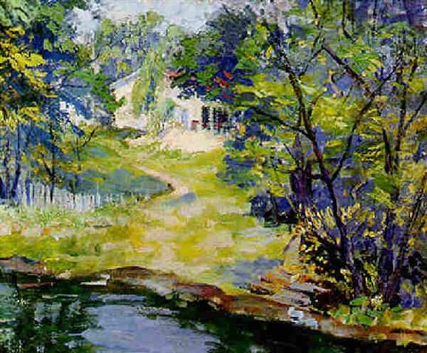 Landscape With Cottage Near A Pond Oil Painting by Pauline Lennards Palmer