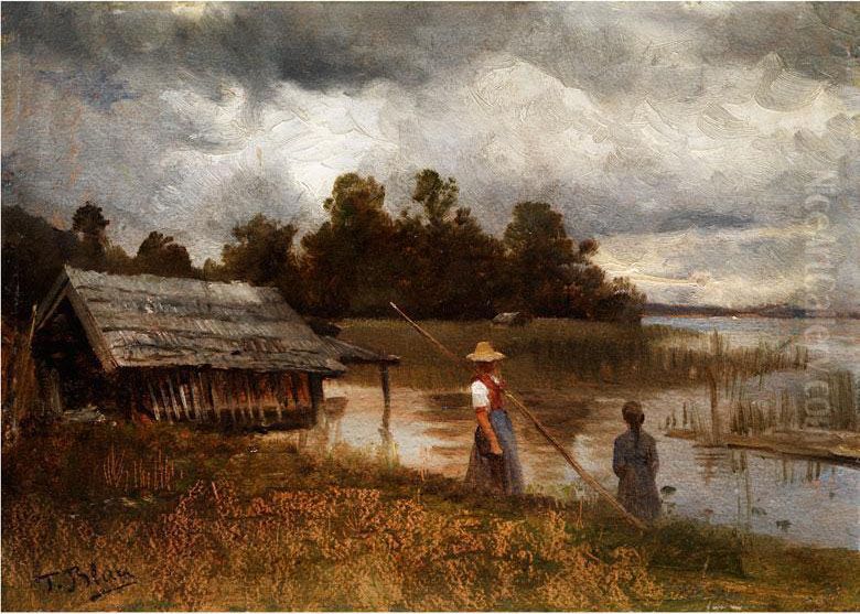 Zwei Madchen Am Ufer Einesoberbayerischen Sees Oil Painting by Tina Blau