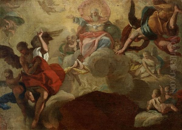 God The Father And The Holy Spirit Surrounded By Angels, A Ceiling Design Oil Painting by Acislo Antonio Palomino