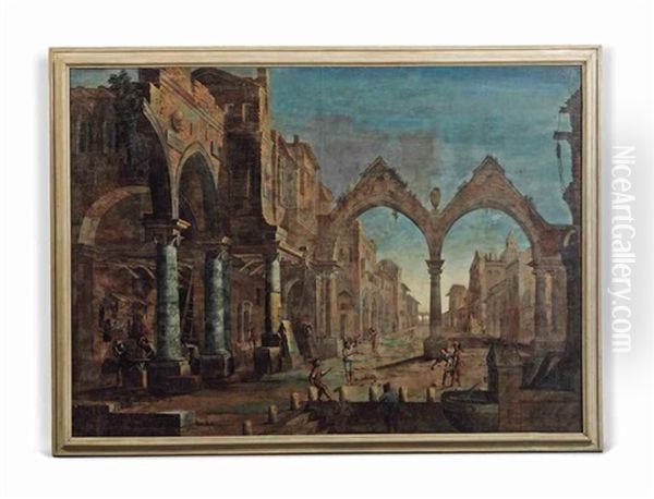 An Architectural Capriccio With Workers And Figures Playing Biglie Oil Painting by Pietro (Il Mirandolese) Paltronieri