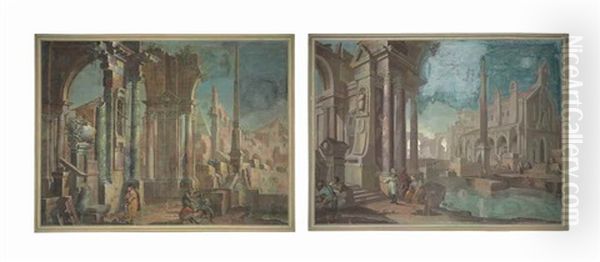 A Capriccio Of Classical Ruins With Figures Resting By A Canal, A Church Beyond (+  An Architectural Capriccio With Figures Conversing Among Ruins (pair) Oil Painting by Pietro (Il Mirandolese) Paltronieri