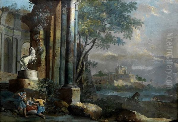 Figures In An Architectural Capriccio Oil Painting by Pietro (Il Mirandolese) Paltronieri