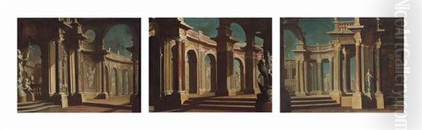 Architectural Capriccios, With Classical Statues (set Of 3 Works) Oil Painting by Pietro (Il Mirandolese) Paltronieri