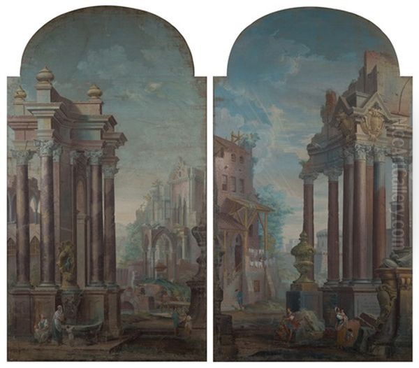 Scena Di Vita In Un Paesaggio Architettonico Con Rovine Classiche (coppia) Oil Painting by Pietro (Il Mirandolese) Paltronieri