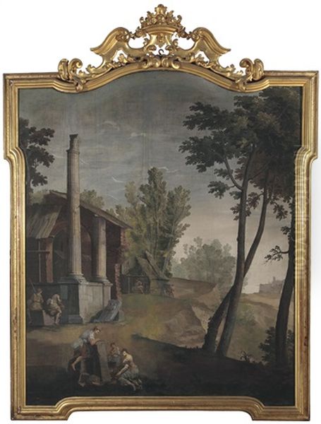 Landschaft Mit Einer Ruine Und Figuren; Landschaft Mit Ruinen Und Figuren An Einem Fluss (pair) Oil Painting by Pietro (Il Mirandolese) Paltronieri