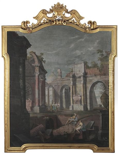 Capriccio Mit Romischen Ruinen Und Einer Gruppe Tanzender Im Hintergrund; Capriccio Mit Romischen Ruinen Und Figuren An Einem Brunnen (pair) Oil Painting by Pietro (Il Mirandolese) Paltronieri