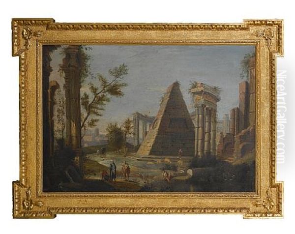 A Shepherd, An Oriental And Other Figures Before A Capriccio Of Classical Ruins Oil Painting by Pietro (Il Mirandolese) Paltronieri