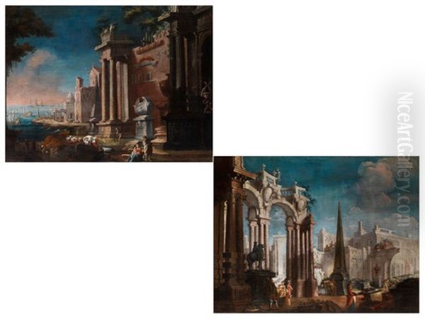Romische Architekturcapricci (pair) Oil Painting by Pietro (Il Mirandolese) Paltronieri