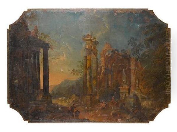 An Architectural Capriccio With Figures Among Roman Ruins Oil Painting by Pietro (Il Mirandolese) Paltronieri
