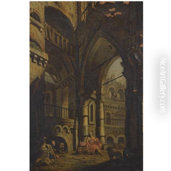 A Capriccio Of Classical Ruins With Daniel In The Lion's Den Oil Painting by Pietro (Il Mirandolese) Paltronieri