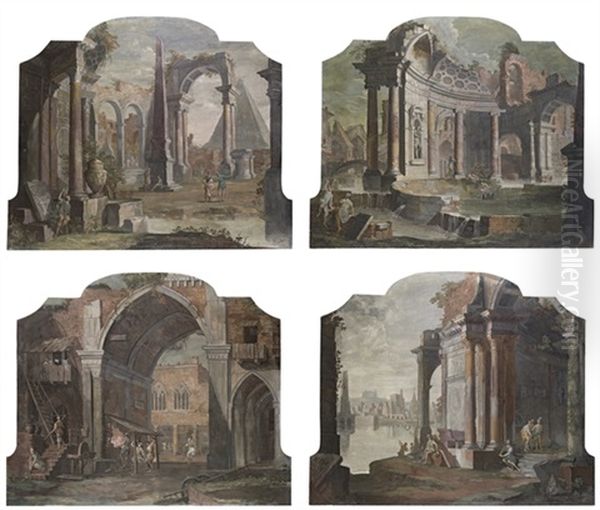 A Capriccio With An Obelisk And A Pyramid (+ 3 Others; 4 Works) Oil Painting by Pietro (Il Mirandolese) Paltronieri