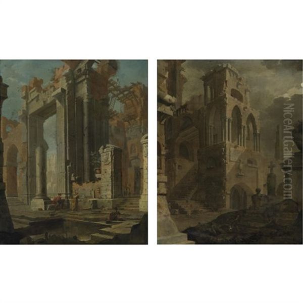 Ruins Of A Gothic Church With A Tombstone And Figures (+ Classical Ruins With Figures Before A Pool; Pair) Oil Painting by Pietro (Il Mirandolese) Paltronieri