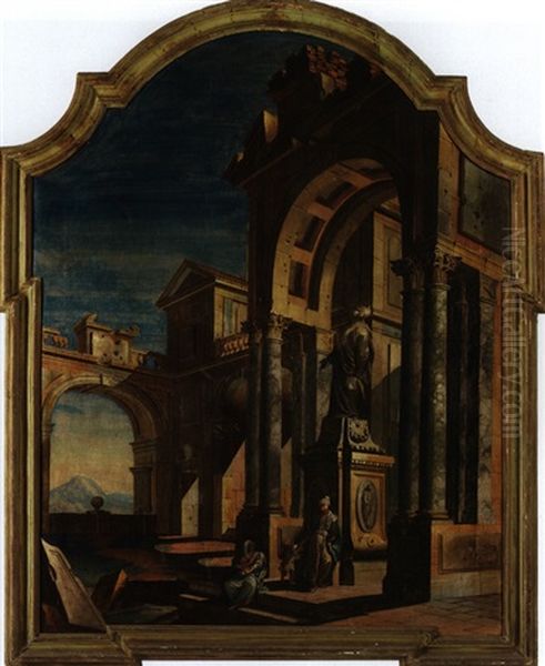 Architektur-capriccio Vor Einer Saulenhalle, Darin Ein Steinerner Condottiere Oil Painting by Pietro (Il Mirandolese) Paltronieri