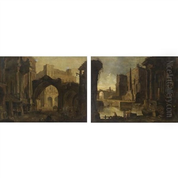 Capricci Architettonici (pair) Oil Painting by Pietro (Il Mirandolese) Paltronieri