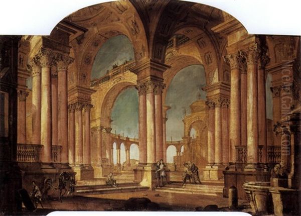 Architectural Capriccio With Figures In A Portico (collab. W/vittorio Maria Bigari) Oil Painting by Pietro (Il Mirandolese) Paltronieri