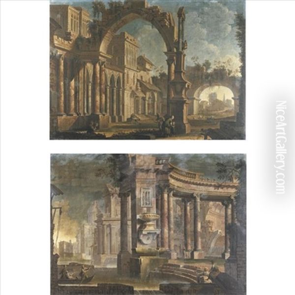 Architectural Capriccio With Figures Underneath An Arch (+ Architectural Capriccio Along A River; Pair) Oil Painting by Pietro (Il Mirandolese) Paltronieri