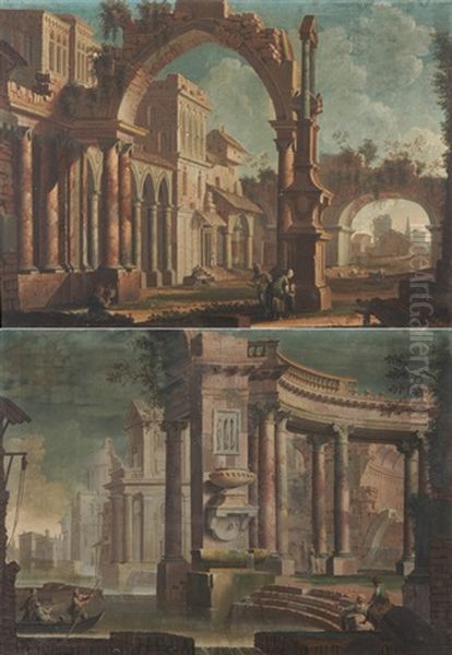 Architekturcapriccio (+ Another, Similar; Pair) Oil Painting by Pietro (Il Mirandolese) Paltronieri