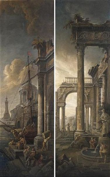 Capriccio Con Porto Fluviale E Ponte (+ Capriccio Con Ruderi E Fontana; Pair) Oil Painting by Pietro (Il Mirandolese) Paltronieri
