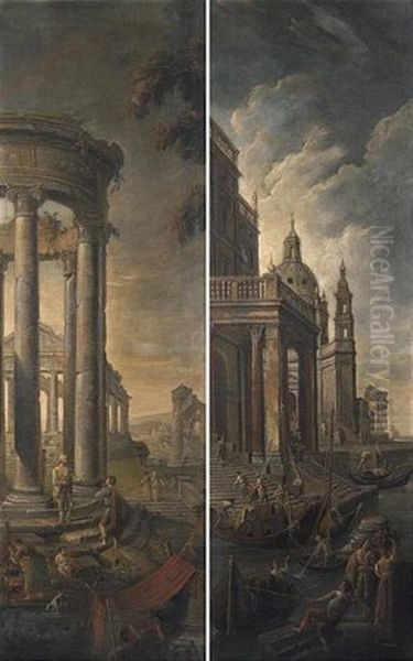 Capriccio Con Ruderi E Templi (+ Capriccio Con Porto Fluviale E Palazzi; Pair) Oil Painting by Pietro (Il Mirandolese) Paltronieri