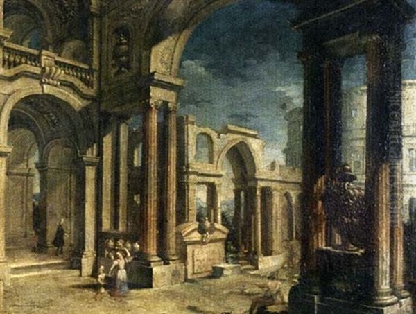 Fantaisie Architecturale Animee De Personnages Oil Painting by Pietro (Il Mirandolese) Paltronieri