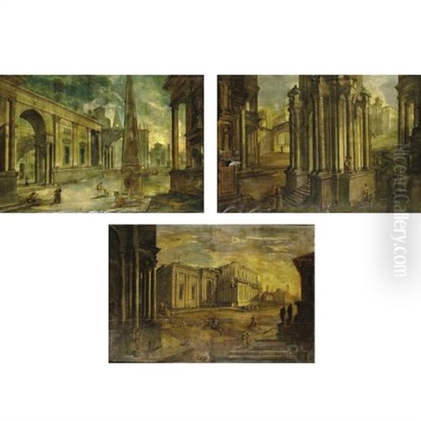 Architectural Capriccios (3 Works) Oil Painting by Pietro (Il Mirandolese) Paltronieri