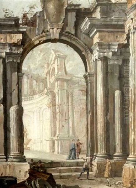 Elegant Figures Amongst Ruins Oil Painting by Pietro (Il Mirandolese) Paltronieri
