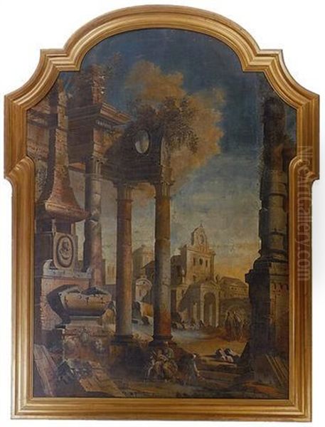 A Capriccio Landscape With Figures By Ruins In The Foreground Oil Painting by Pietro (Il Mirandolese) Paltronieri