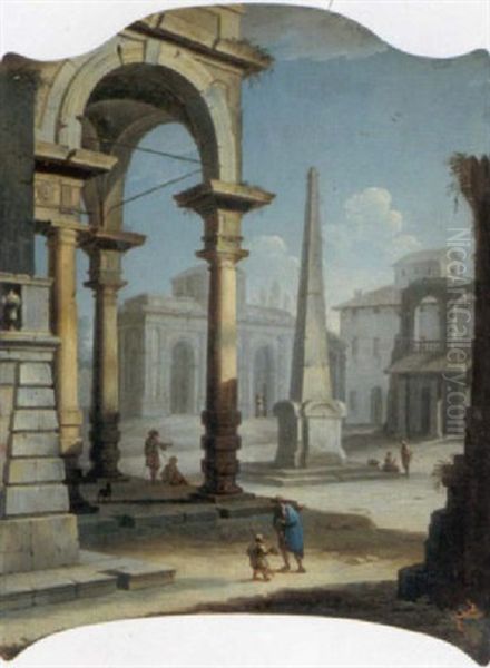 Architectural Capriccio With A Figure Giving Alms To A Young Beggar In A Piazza Oil Painting by Pietro (Il Mirandolese) Paltronieri