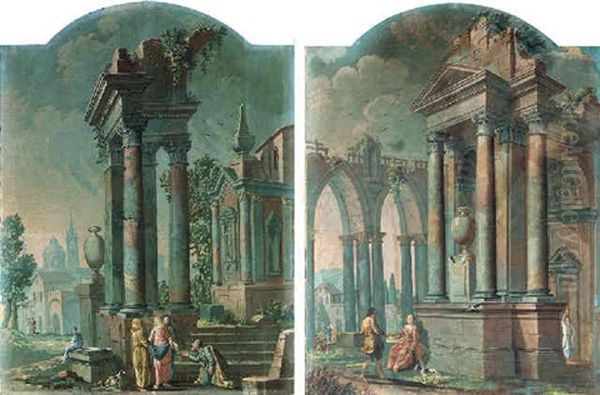 Capricci Of Classical Ruins With Figures Oil Painting by Pietro (Il Mirandolese) Paltronieri