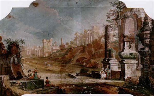 A Capriccio Landscape With Figures Amidst Classical Ruins Oil Painting by Pietro (Il Mirandolese) Paltronieri