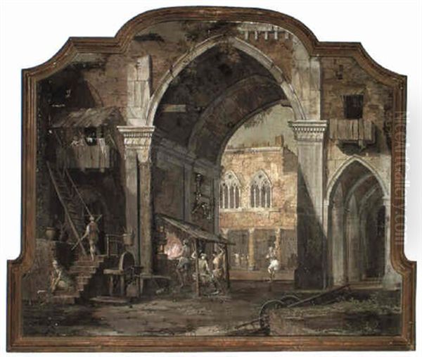 Architectural Capricci With Peasants Working At A Blacksmith's Forge Oil Painting by Pietro (Il Mirandolese) Paltronieri
