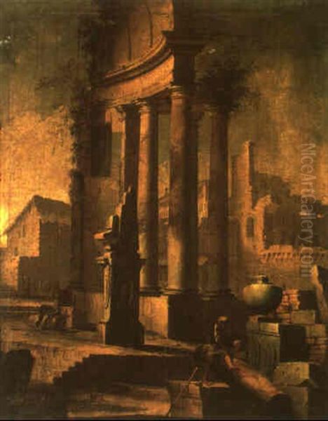 Classical Ruins With A Mother And Two Children Oil Painting by Pietro (Il Mirandolese) Paltronieri