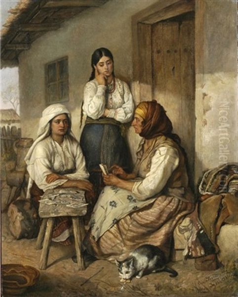 Zwei Junge Frauen Bei Der Wahrsagerin Oil Painting by Emanoil Panaiteanu-Bardasare