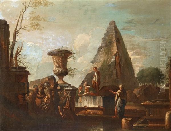 Carpricco Med Figurer Och Ruiner Oil Painting by Giovanni Paolo Panini