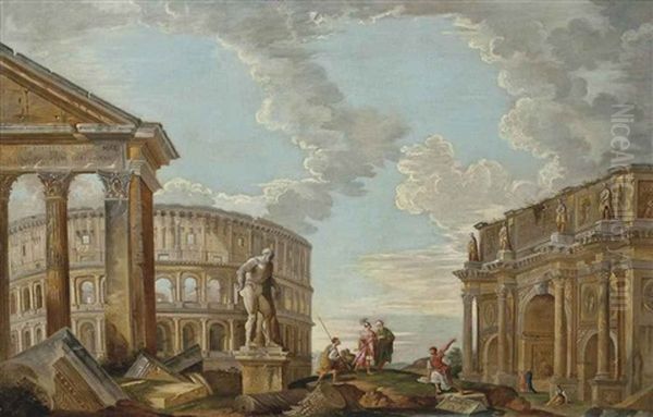 An Architectural Capriccio With The Arch Of The Argentarii, The Colosseum, The Farnese Hercules And The Arch Of Constantine Oil Painting by Giovanni Paolo Panini