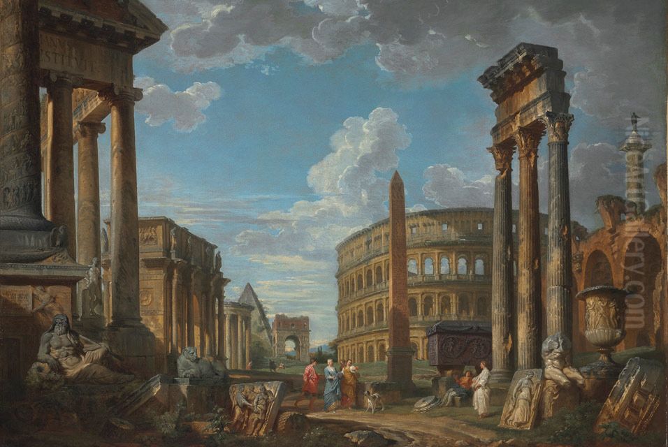 An Architectural Capriccio With Figures Among Roman Ruins Oil Painting by Giovanni Paolo Panini