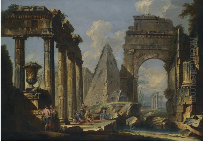 A Landscape With Classical Ruins And Figures Resting In The Foreground Oil Painting by Giovanni Paolo Panini