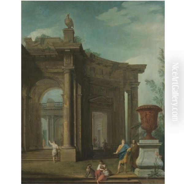A Capriccio Scene Of Classical Ruins With Figures Resting In The Foreground Oil Painting by Giovanni Paolo Panini