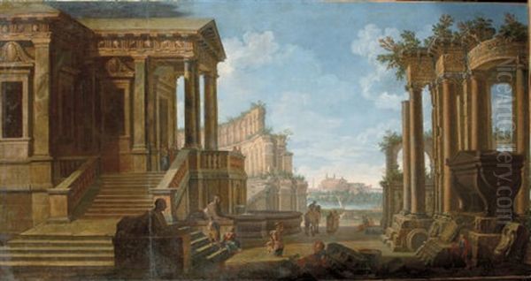 A Capriccio View Of An Ancient Town With The Colloseum In The Distance Oil Painting by Giovanni Paolo Panini