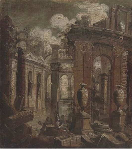 An Architectural Capriccio With A Painter Oil Painting by Giovanni Paolo Panini