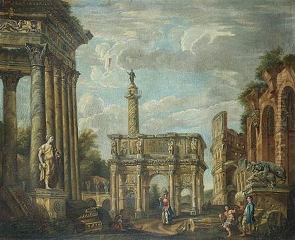 A Capriccio Of Roman Ruins Including The Arch Of Titus, Trajan's Column And The Colosseum Oil Painting by Giovanni Paolo Panini