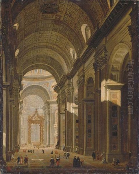 Interior Of Saint Peter's, Rome, Looking West Towards The Tomb Of St. Peter And The Baldacchino, With Pilgrims And Other Figures In The Nave Oil Painting by Giovanni Paolo Panini