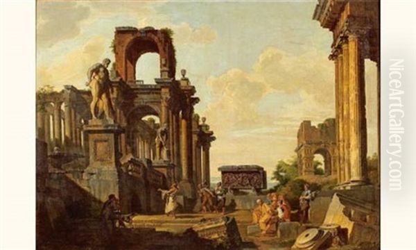 Vue Ideale De Ruines Romaines, Avec Le Temple De Janus Quadrifronte Et L'hercule Farnese, Animees De Personnages Oil Painting by Giovanni Paolo Panini